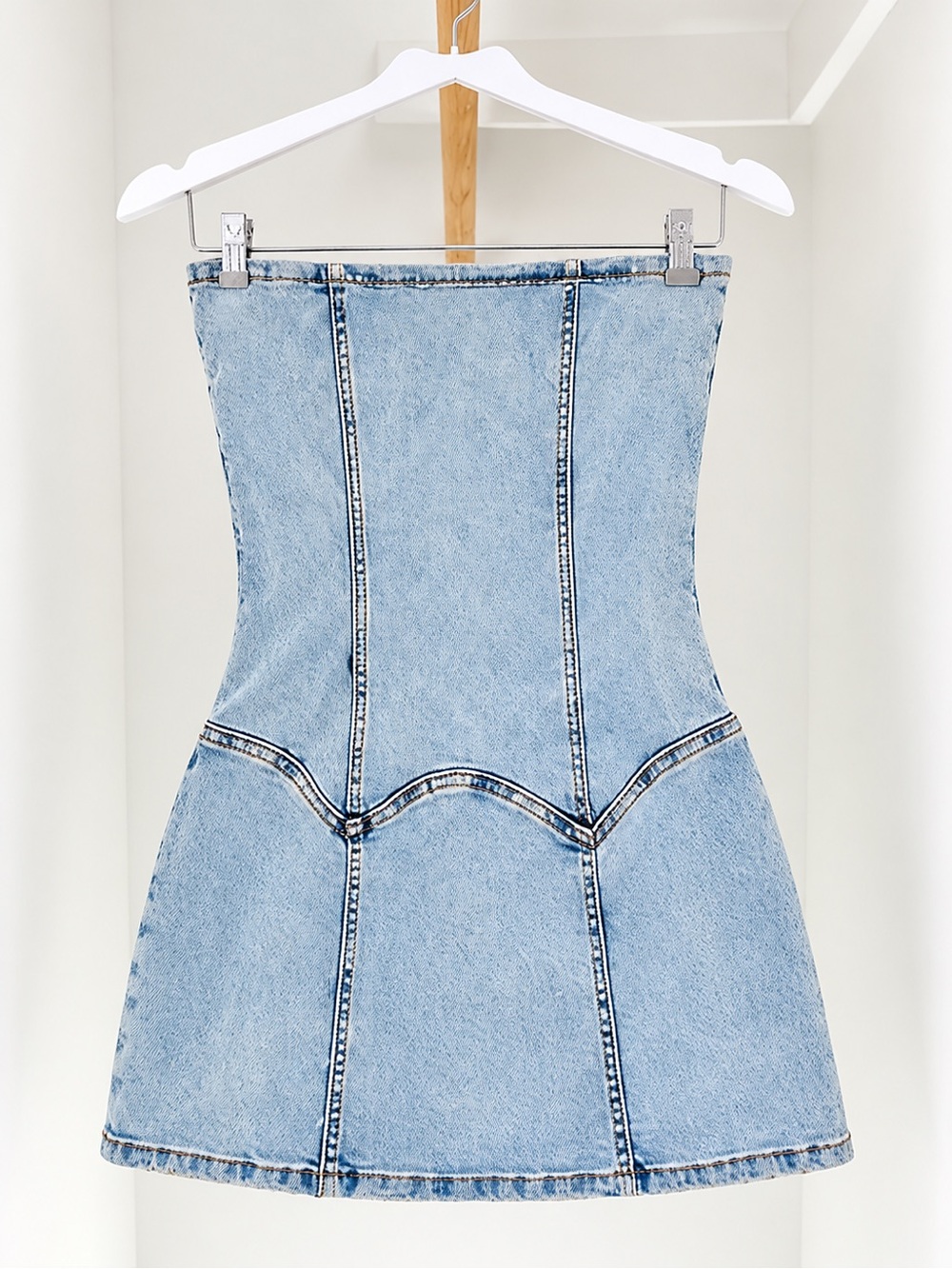 REVICE Strapless Light Wash Denim Mini Dress
